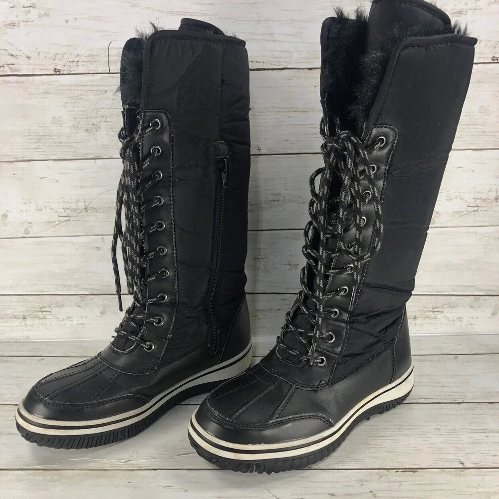 Black Tall Winter Snow Boots Quilted Faux Fur Lined Lace Up‎ Side Zip Duck Boots